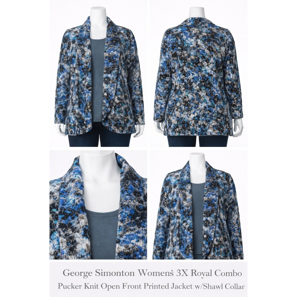 George Simonton Womens 3X Royal Combo Pucker Knit Open Front Shawl Jacket A22546